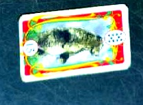 A small card with a fish painted on it, lying on the dark table