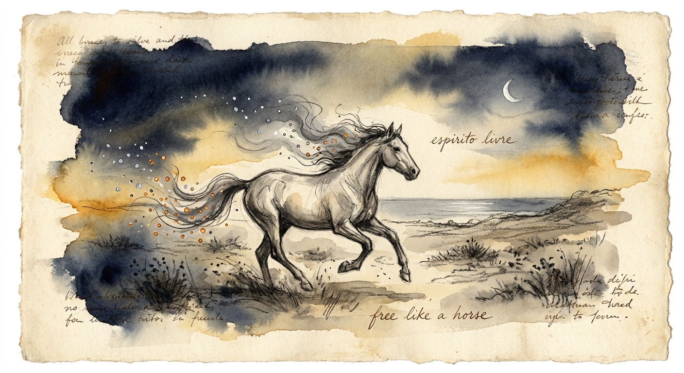 Charcoal and watercolour sketchbook page of a horse running free through open land, mane loose, with handwritten words about the free spirit
