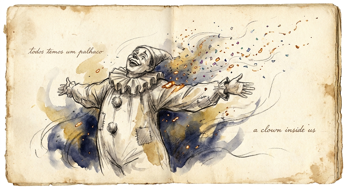 Charcoal and watercolour sketchbook page of a gentle clown figure offering lightness, with handwritten words about joy and balm