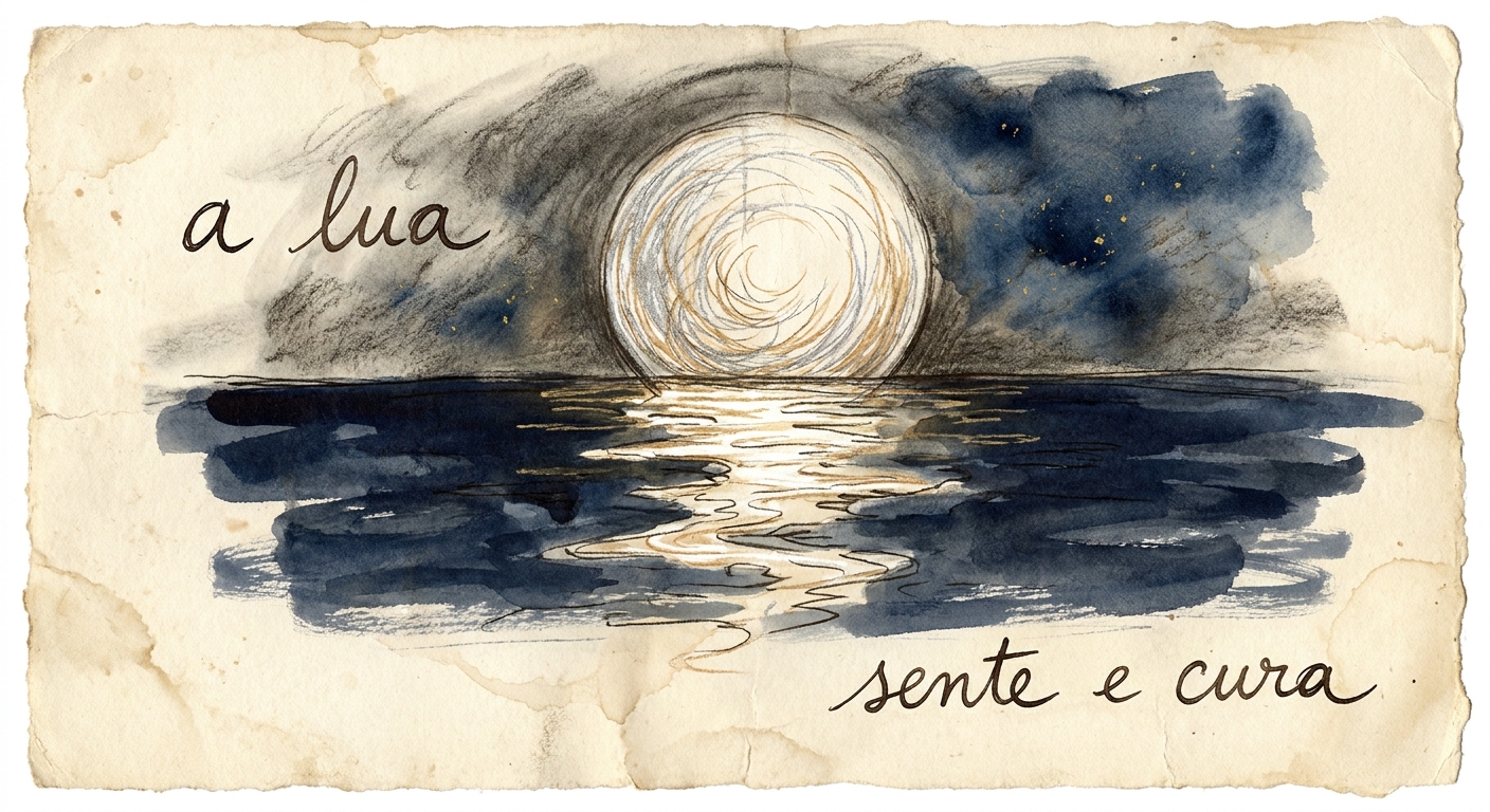 Charcoal and watercolour sketchbook page of a soft moon over a dark sea, its light returned on the water