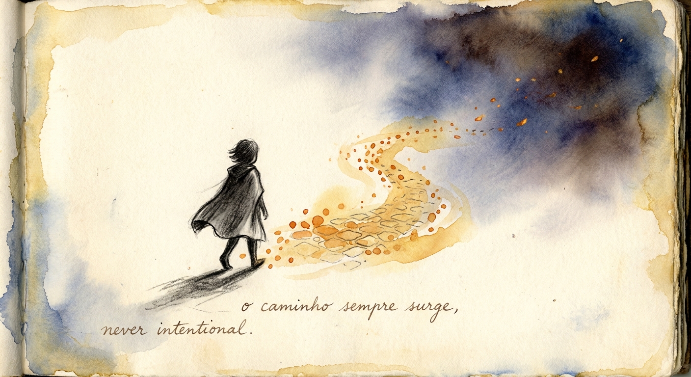 Charcoal and watercolour sketchbook page of a path that only exists behind the walking figure and appears under the next step, with handwritten words about emerging