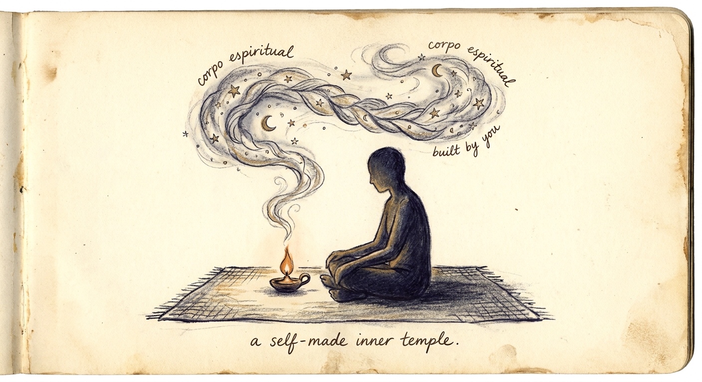 Charcoal and watercolour sketchbook page of a figure tending a small private constellation of lights, incense smoke rising, a self-made temple