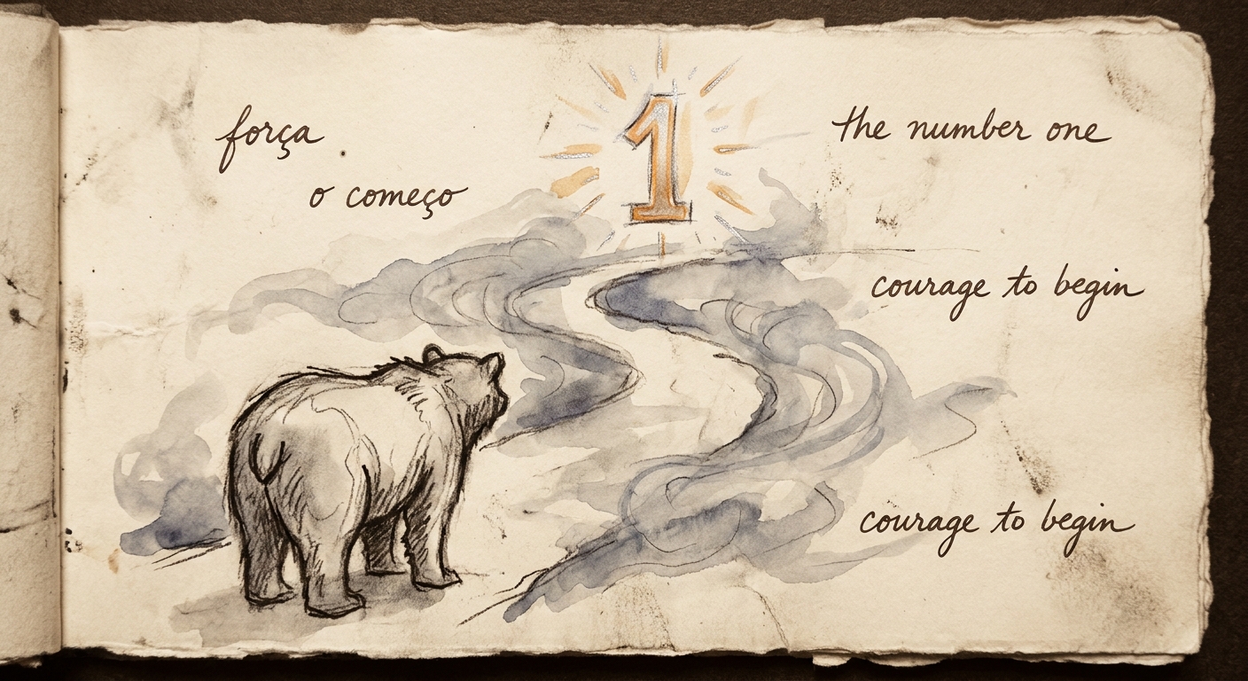 Charcoal and watercolour sketchbook page: a bear at the start of a winding misty path, a glowing amber number one above the road, handwritten words forca, o comeco, courage to begin