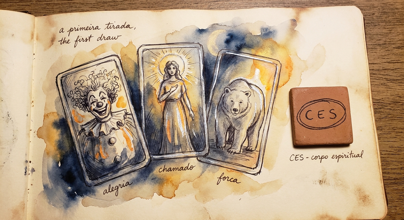 Charcoal and watercolour sketchbook page of the first draw: a laughing clown card, a luminous haloed figure, a standing bear, a crescent moon over water, and a small clay seal reading CES